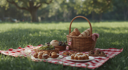  Summer park picnic with wicker basket, fresh grapes, pastries and bread on red gingham blanket in green grass at golden hour