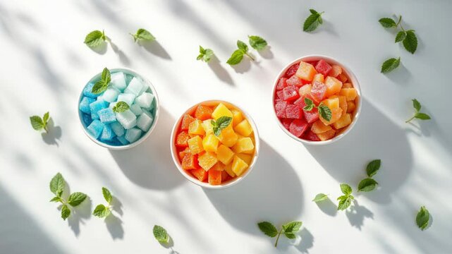 Top view of three bowls with candied fruit, mint leaves, and moving shadows on a white background