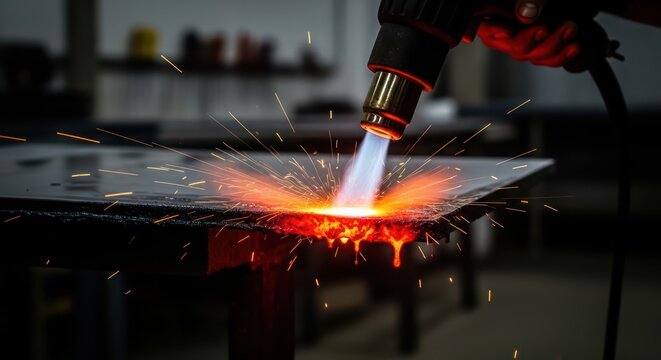 Metalworking precision: high heat application with molten droplets and bright sparks