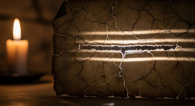 Illuminated manuscript with cryptic lines, casting shadows amidst a candle's gentle glow