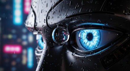 Cybernetic gaze reflecting urban expanse through teardrop visor futuristic vision