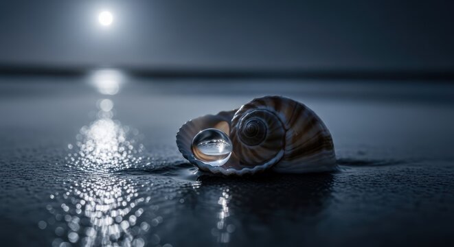 Mystical twilight scene featuring a seashell holding a translucent water droplet on a wet beach