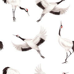 Obraz premium Seamless pattern of japanese red crown cranes. Watercolor illustration of crane. Delicate illustration for fabric, wallpaper, greeting cards, design, decoration and illustration.