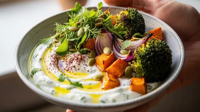 Delicious and healthy bowl with roasted broccoli, sweet potato, onion, herbs, seeds, and yogurt