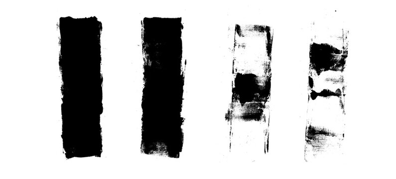 Grunge linocut ink lines. Straight thick underlines. Linocut rolled brush stroke set. Handmade ink rectangle rough stamp. Vector black paint lines shapes. Marker or brayer smear textures isolated.