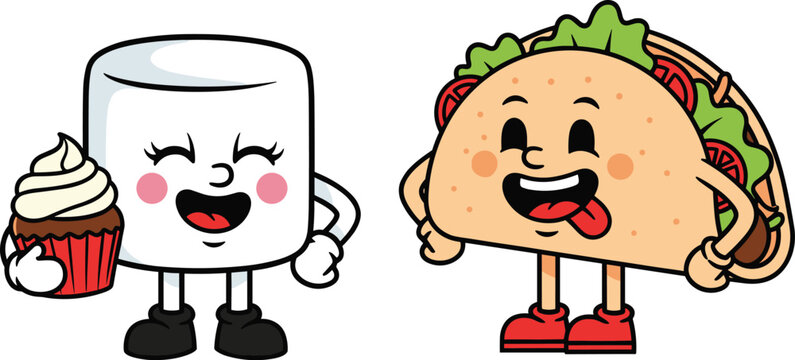 Retro Cartoon Food Mascots Vector Illustration Featuring Happy Marshmallow Character Holding Cupcake and Taco Sticking Tongue Out with Excitement.