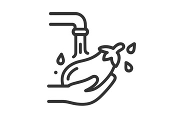 Hand washing fresh eggplant under running water from a kitchen faucet for food preparation and hygiene