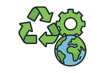 Environmental management concept with recycling arrows, gear, and planet Earth