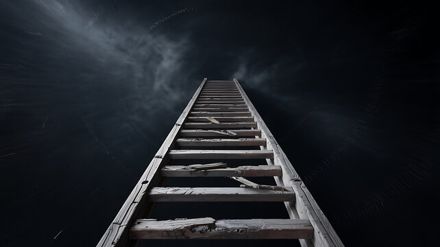 Old wooden ladder ascending into a dark, mysterious cloudy sky