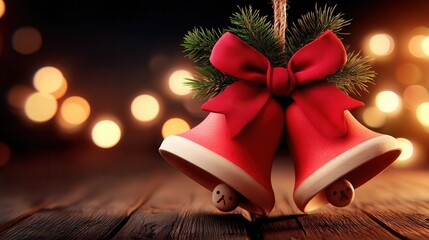 Festive Christmas bells with red bows and evergreen branches create joyful holiday atmosphere on rustic wood table with warm bokeh lights background