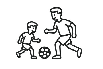 Adult and child playing soccer practicing dribbling and passing the ball