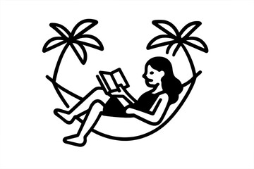 Relaxing woman reading a book in a tropical hammock suspended between two palm trees on vacation