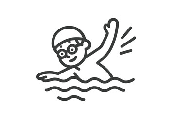 Happy swimmer wearing cap and goggles doing the crawl stroke in water waves