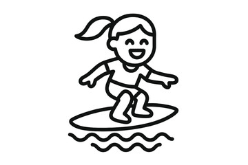 Happy young girl riding a surfboard on ocean waves during summer vacation activity