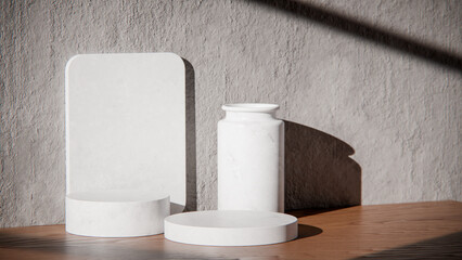 White marble podiums on wood table for product display. Minimalist 3D render with vase and textured wall. Sunlit background for cosmetic or skincare mockup with natural lighting and strong shadows.