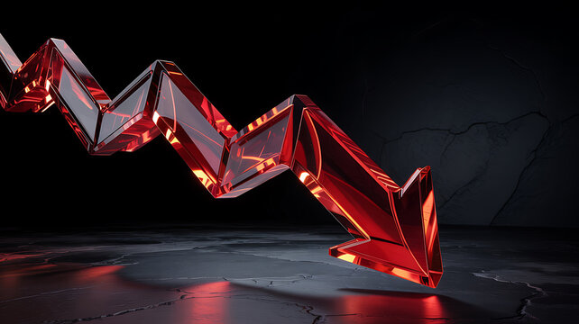 Red glass downward trend arrow symbolizing market economic loss