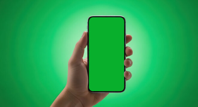 Hand holding modern smartphone with bright green screen for chroma key compositing against a vibrant green background