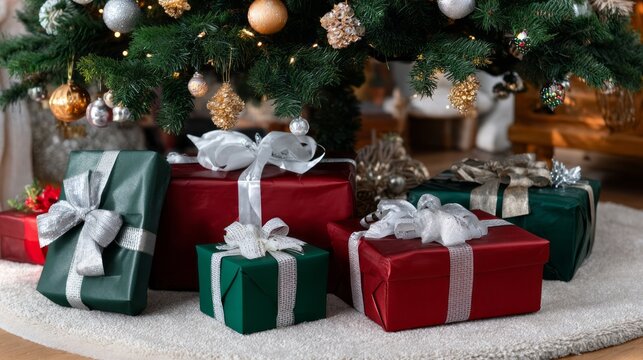 Beneath a sparkling Christmas tree, a collection of neatly wrapped gifts in red, green, and silver await eager hands. The warm ambiance glows with holiday spirit in the cozy room