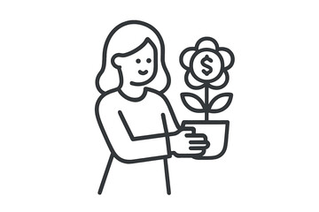 Smiling woman holding a potted plant with a dollar sign flower representing financial investment and growth
