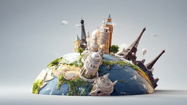 Miniature world landmarks on globe symbolizing global travel