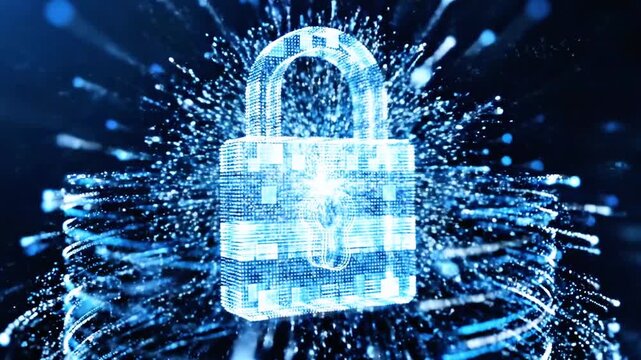Glowing blue digital padlock floats amid electric splashes, symbolizing cyber security and trust. OK