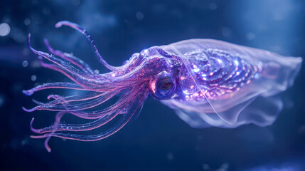 A bioluminescent squid with smoothly moving translucent tentacles illuminated by a deep-sea glow