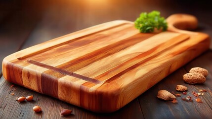 Elegant wooden cutting board ready for culinary creations, inviting a warm, rustic touch to food preparation and kitchen decor, perfect for foodies
