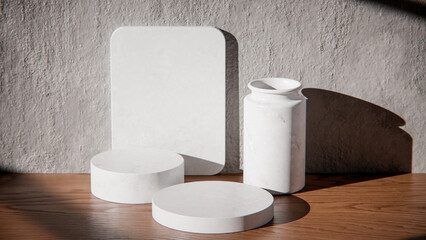 White marble podiums on wood table for product display. Minimalist 3D render with vase and textured wall. Sunlit background for cosmetic or skincare mockup with natural lighting and strong shadows.