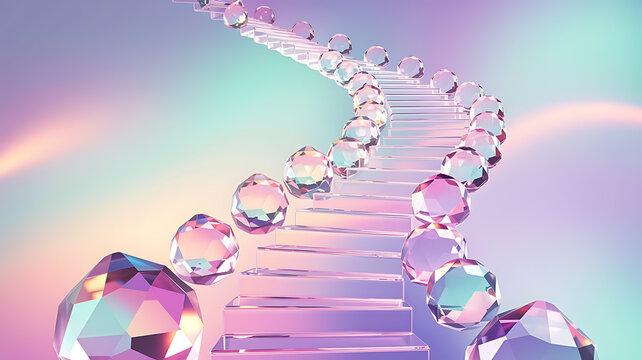 Magical crystal staircase with iridescent spheres, pastel hues - Powered by Adobe