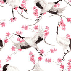 Obraz premium Seamless pattern of japanese cranes with the pink sakura on background. Watercolor handmade illustration. For fabric, wallpaper, greeting cards, design, decoration and illustration.