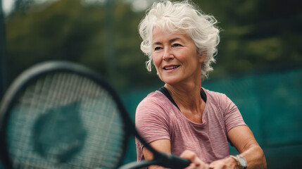 Active senior woman playing tennis outdoors, concentrating energy, dynamic lifestyle and fitness portrait