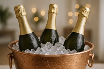 Three Champagne Bottles Chilling in an Ice Bucket, Perfect for Celebrations and Festive Occasions