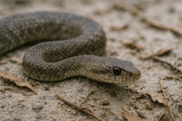 Fototapeta premium Alert snake coiled on a sandy ground, observing surroundings with its dark eyes