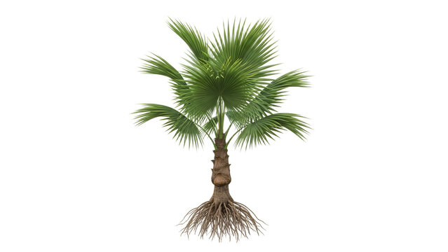 Isolated young palmetto tree displaying green foliage and root system, showcasing botanical beauty against a white backdrop to create a tropical vibe