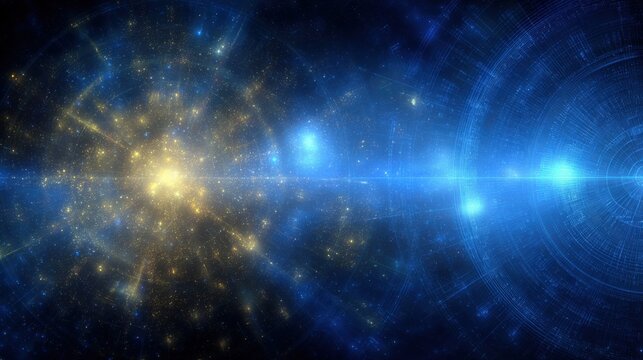 Abstract cosmic energy field with bright yellow and blue light flares for background visualizations - Powered by Adobe