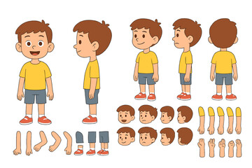 Young male character model sheet with poses, heads, and interchangeable limbs for animation rigging