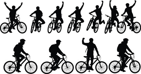 Black Silhouette Vector Set of Mountain Bikers Riding and Celebrating, Representing Sport, Adventure, Fitness, Freedom, Excitement, Achievement, and Active Healthy Lifestyle.