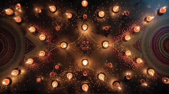 Diwali celebration with numerous diyas on a dark background with warm tones