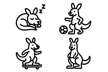 Kangaroo characters set performing various activities like sleeping, playing soccer, and skateboarding