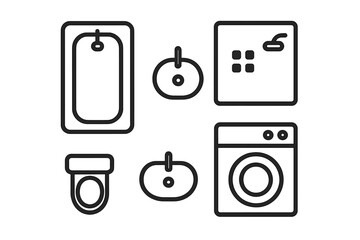 Minimalist outline symbols for bathroom plumbing fixtures and washing machine