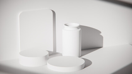 White marble podiums on wood table for product display. Minimalist 3D render with vase and textured wall. Sunlit background for cosmetic or skincare mockup with natural lighting and strong shadows.