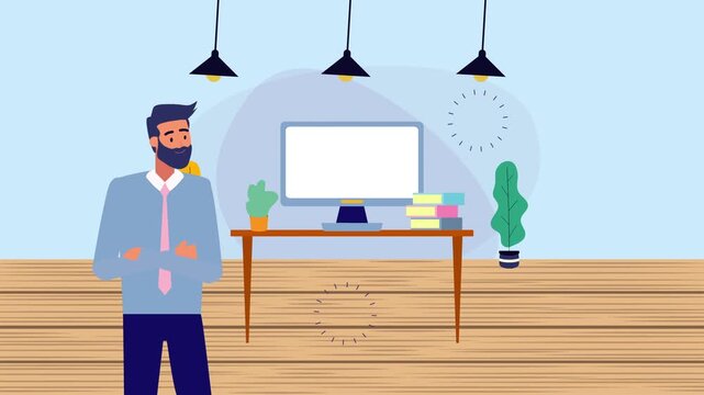 Man in office setting desk with computer books  plants Overhead lighting. Flat graphic animated cartoon