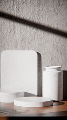 White marble podiums on wood table for product display. Minimalist 3D render with vase and textured wall. Sunlit background for cosmetic or skincare mockup with natural lighting and strong shadows.