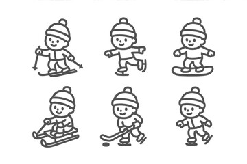 Collection of six outline symbols representing popular winter sports and recreational activities