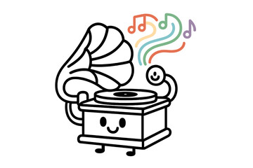 Cute cartoon gramophone character playing music with colorful sound waves and musical notes