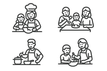 People preparing meals, cooking, and enjoying food together with family members