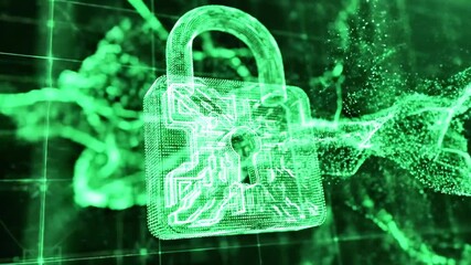 Glowing green padlock icon against a digital grid, symbolizing cybersecurity and data protection. AI - Powered by Adobe