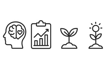 Set of line icons illustrating business growth, strategic planning, mental balance, and plant development stages