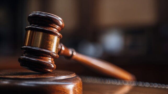 Close up of a polished wooden gavel resting on a judge s bench, soft warm lighting highlighting the textures of wood and metal, neutral blurred