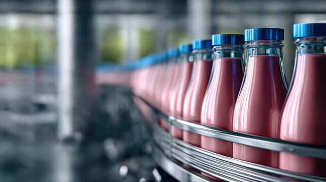Bottling plant with rows of plastic bottles filled with pink liquid on conveyor belt, industrial production process - Powered by Adobe